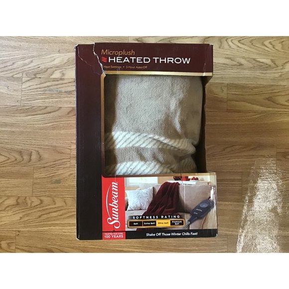 Sunbeam Bedding Sunbeam Heated Throw Tan Plaid Microplush 3 Hour